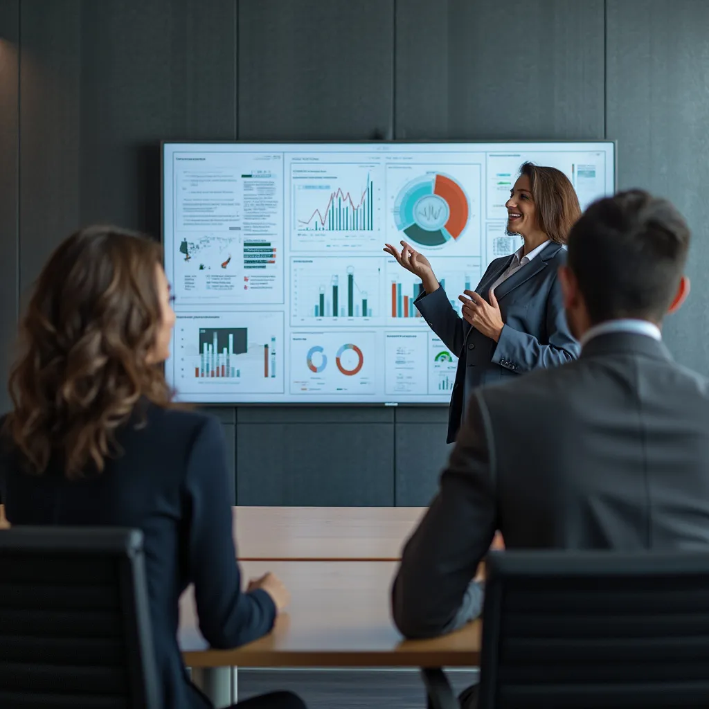 Consultor presentando un análisis de datos detallado a un cliente atento