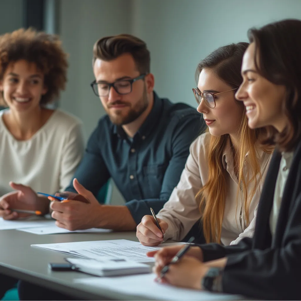 Grupo de empleados participando en un taller de liderazgo y desarrollo