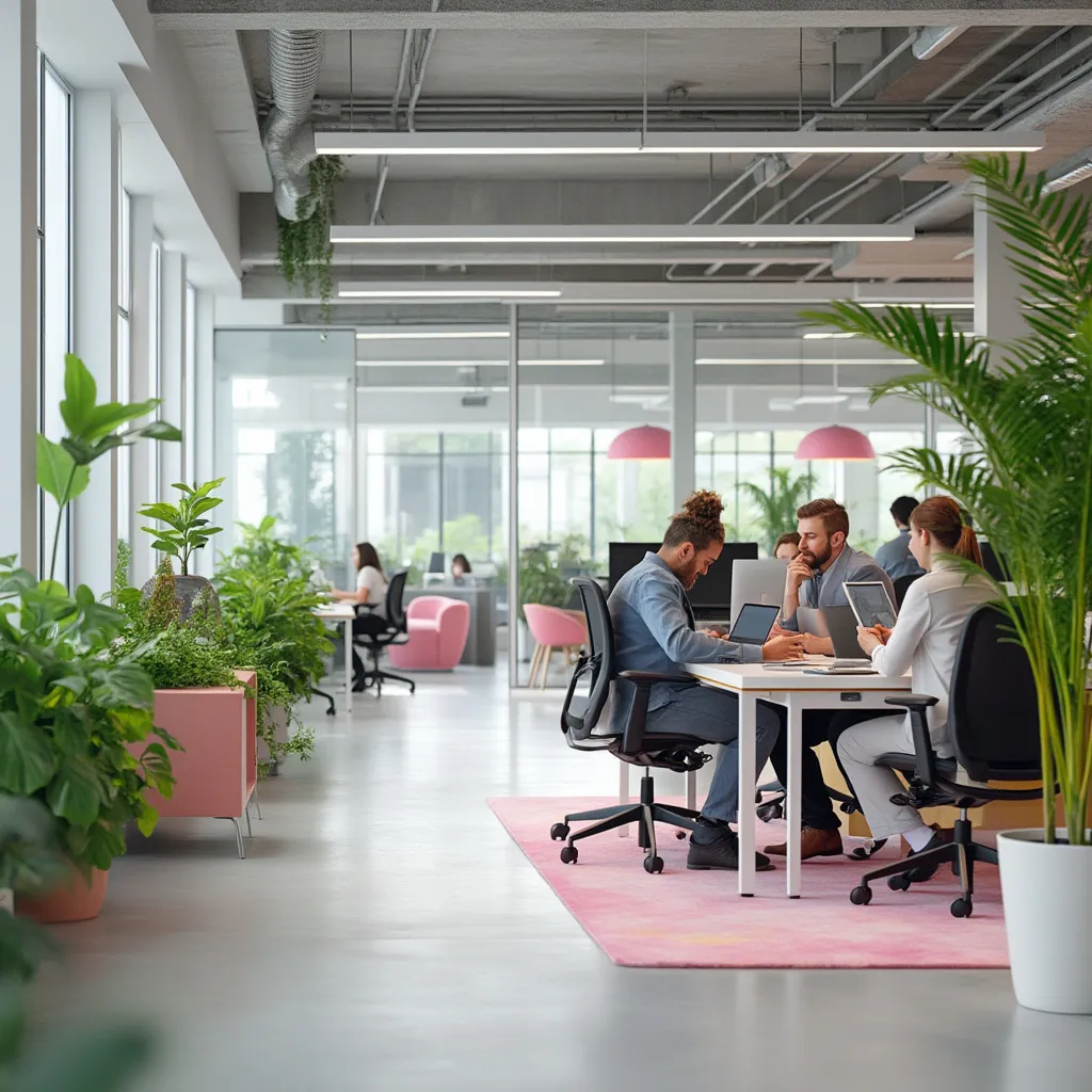 Moderno espacio de oficina abierto y luminoso fomentando la colaboración