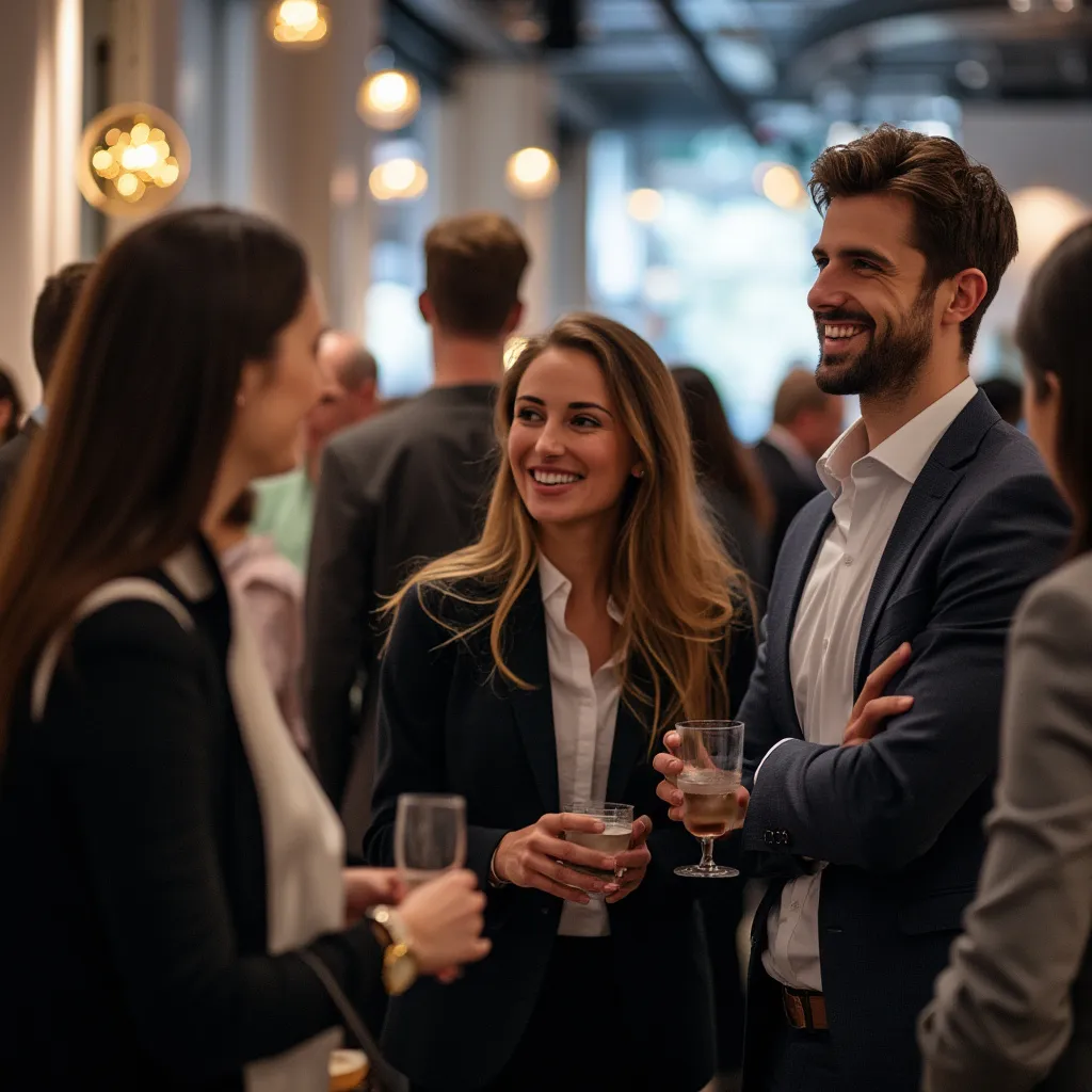 Evento de networking de la empresa con clientes y socios estratégicos sonriendo